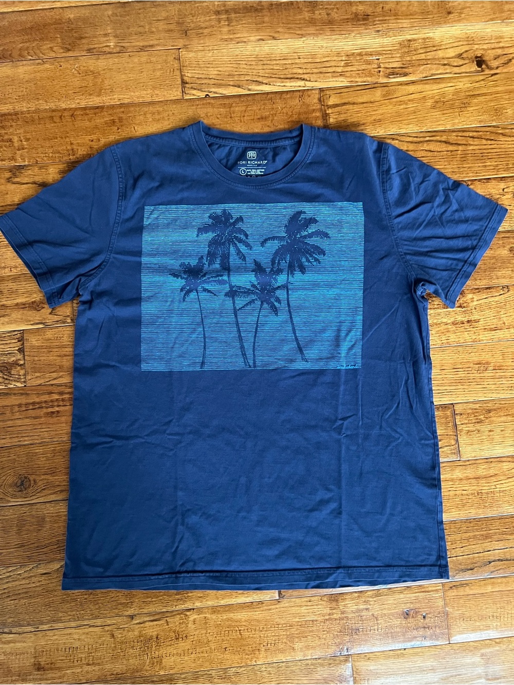 Tori Richard T-shirt Short Sleeve Palm-Print Navy Blue Turquoise Size L